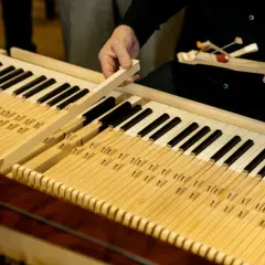 Wykwalifikowany fortepianista składa mechanizm klawiszowy instrumentu.
