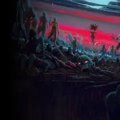 Apokalipsa w Millhaven: horda zombie z czerwonymi oczami i zmutowanymi postaciami na tle krwawego nieba.