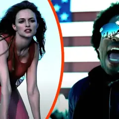 Młoda american woman w czerwonym stroju i mężczyzna w okularach na tle flagi USA.