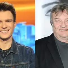 Młody mężczyzna w dżinsowej kurtce i starszy pan w czarnej marynarce, przypominający Krisa Cugowskiego.