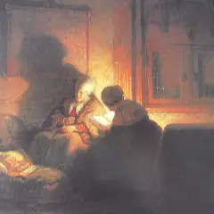 Nastrojowy, mroczny **nocturne** ukazuje dwie postacie przy świetle lampy. Jedna czyta, druga opiera się o mebel.