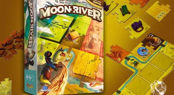 Gra planszowa "Moon River" z motywem Dzikiego Zachodu. Na pudełku kowboj na koniu, a obok elementy planszy i żetony.