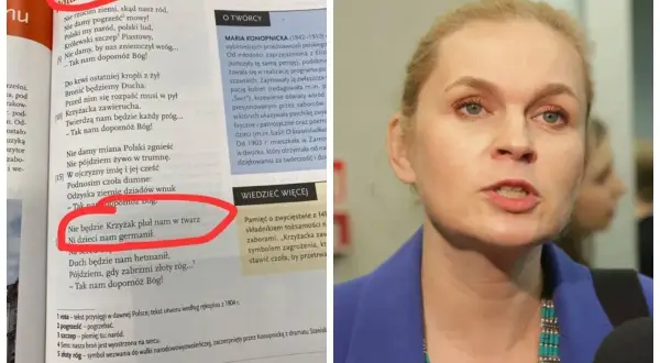 Rota hymnu Marii Konopnickiej, podkreślona w podręczniku, mówi o obronie ojczyzny. "Nie będzie Krzyżak pluł nam w twarz".