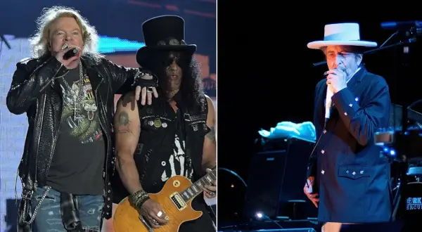 Axl Rose i Slash z Guns N' Roses, obok Boba Dylana. Legendy rocka, jakby otwierali bramy do nieba.