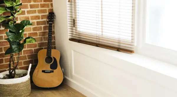 Akustyczna gitara obok ceglanej ściany i rośliny w koszu. Idealne miejsce na proste piosenki na gitarę dla dzieci.