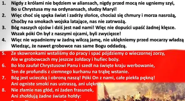 Pieśni patriotyczne, utwory z tekstem Juliusza Słowackiego i muzyką Andrzeja Kurylewicza, wzywają do walki o wolność.