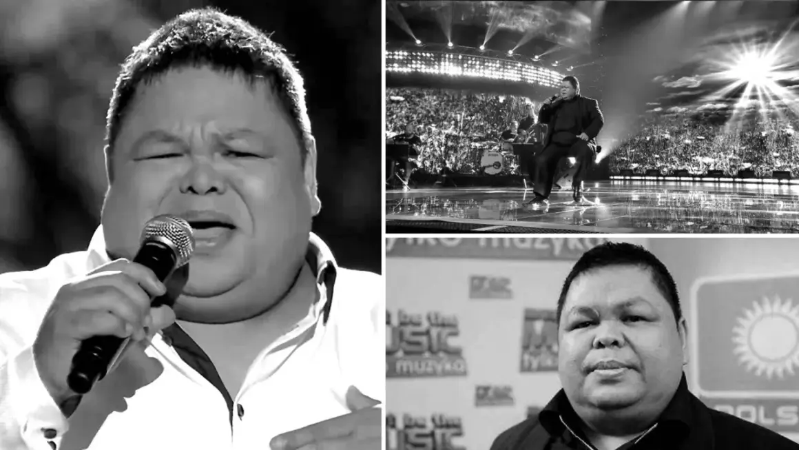Artysta z pasją śpiewa "Besame Mucho" na scenie, a obok jego portret i zdjęcie z koncertu.