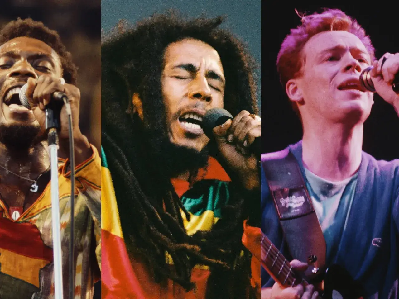 Trzech wokalistów: Peter Tosh, Bob Marley i Sting, ikony muzyki rege i rocka, śpiewają do mikrofonów.