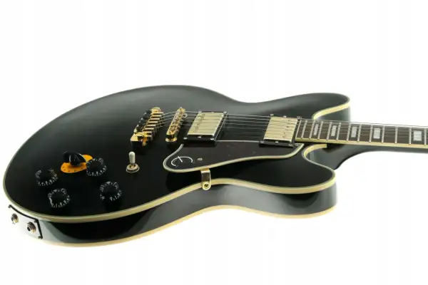 Czarna gitara Lucille z złotymi elementami, gotowa do rockowych riffów.