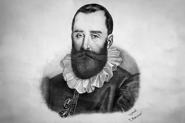 Portret mężczyzny z bujnym wąsem i brodą, w stroju z falbanką przy szyi. Może to nową przypowieść polak sobie kupi.