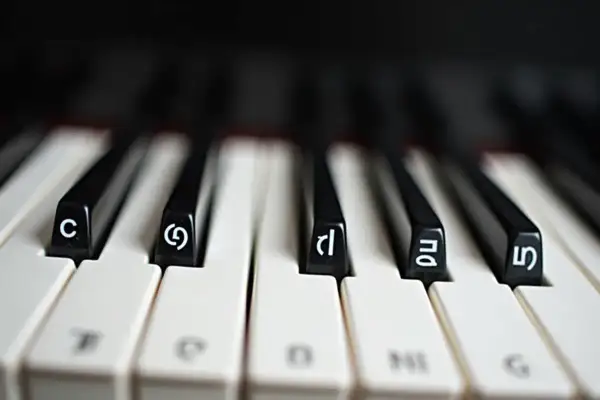 Zbliżenie na klawisze pianina z literami C, G, D, A, E. Widzimy, jak podpisać klawisze na pianinie, by łatwiej zacząć naukę.